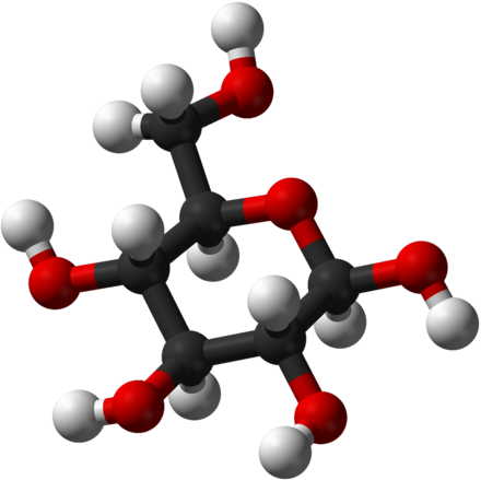Ein Traubenzucker-Molekül (C<sub>6</sub>H<sub>12</sub>O<sub>6</sub>) im Kugel-Stäbchen-Modell: C: schwarz; H: weiss; O: rot