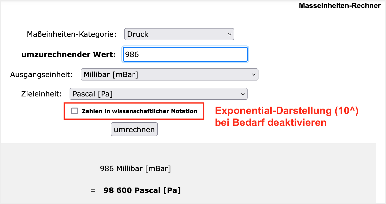 Benutzeroberfläche zur Umrechnung des Drucks bei "einheiten-umrechnen.de" am Beispiel der Umrechnung von mbar nach Pa