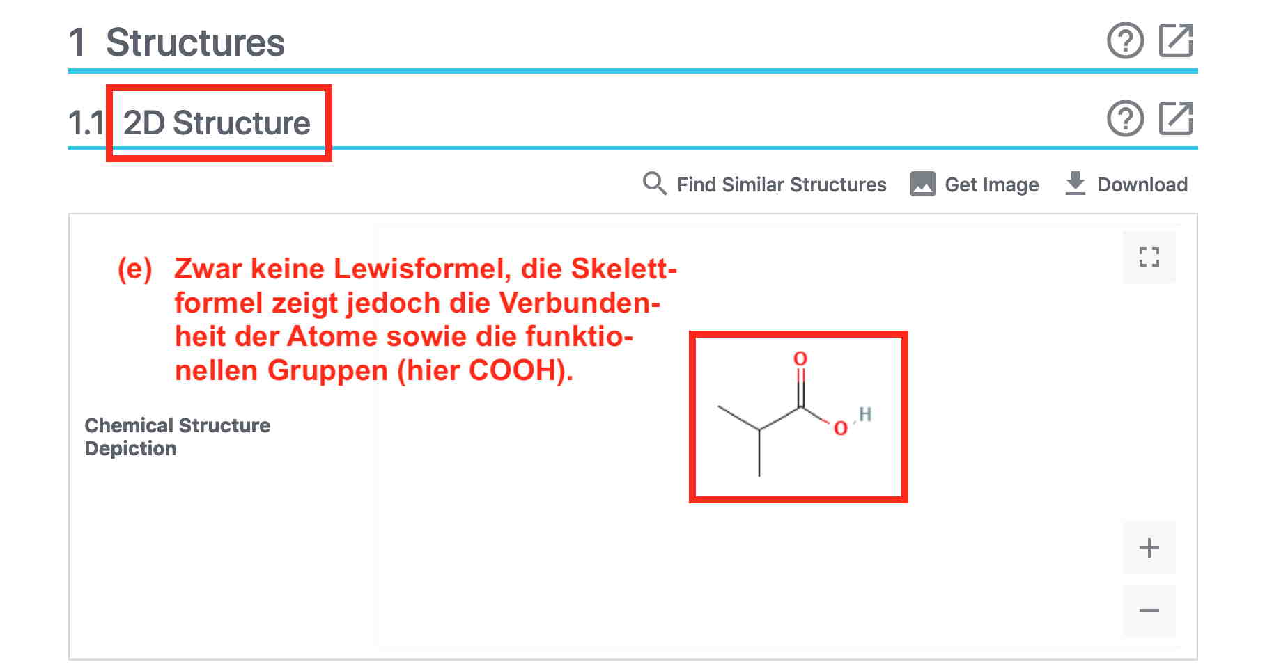 Benutzeroberfläche für die Anzeige der Skelettformel des ausgewählten Isomers in der PubChem-Datenbank (2-D-Darstellung)
