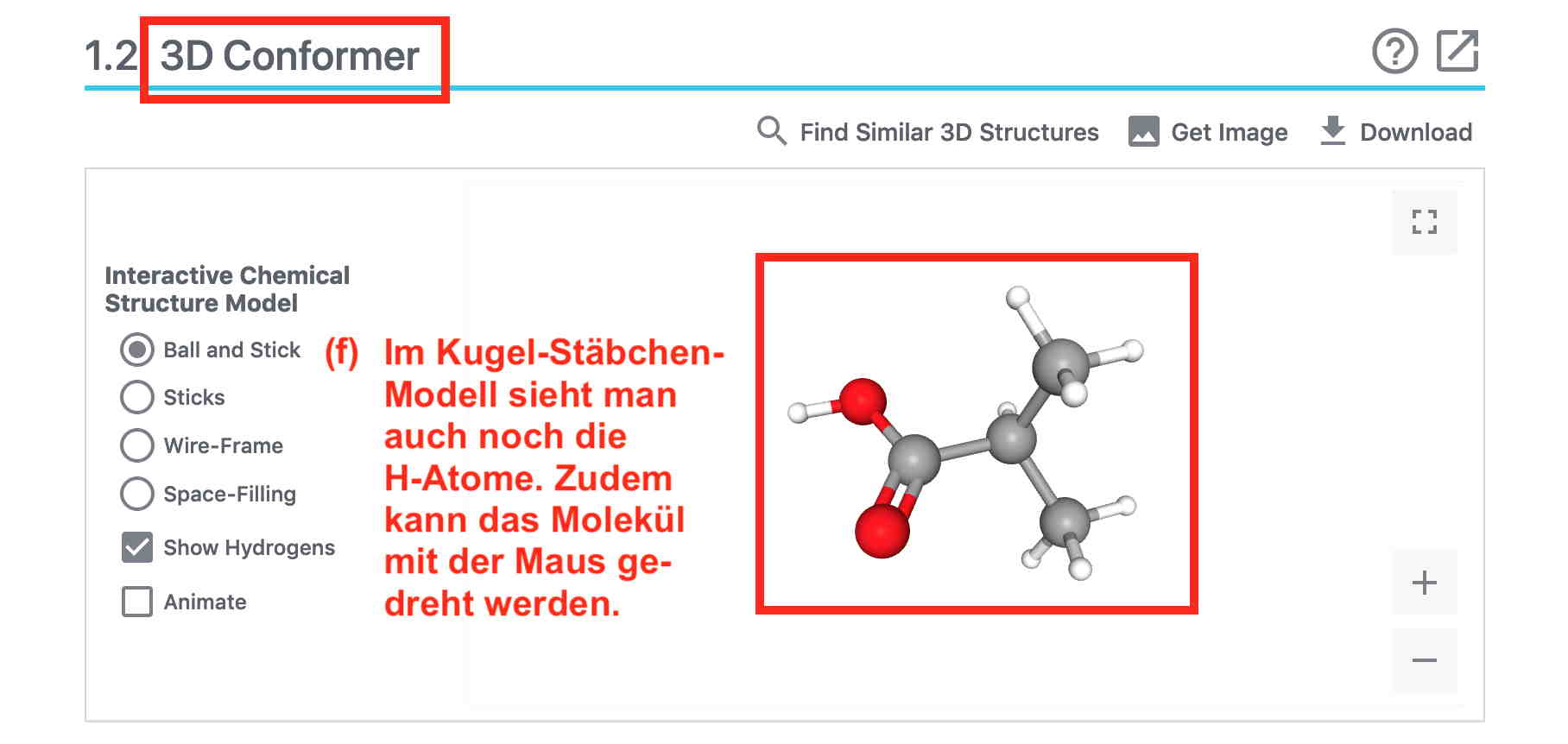 Benutzeroberfläche für die Anzeige des ausgewählten Isomers inklusive H-Atome (Kugelstäbchen-Modell) in der PubChem-Datenbank (3-D-Darstellung)