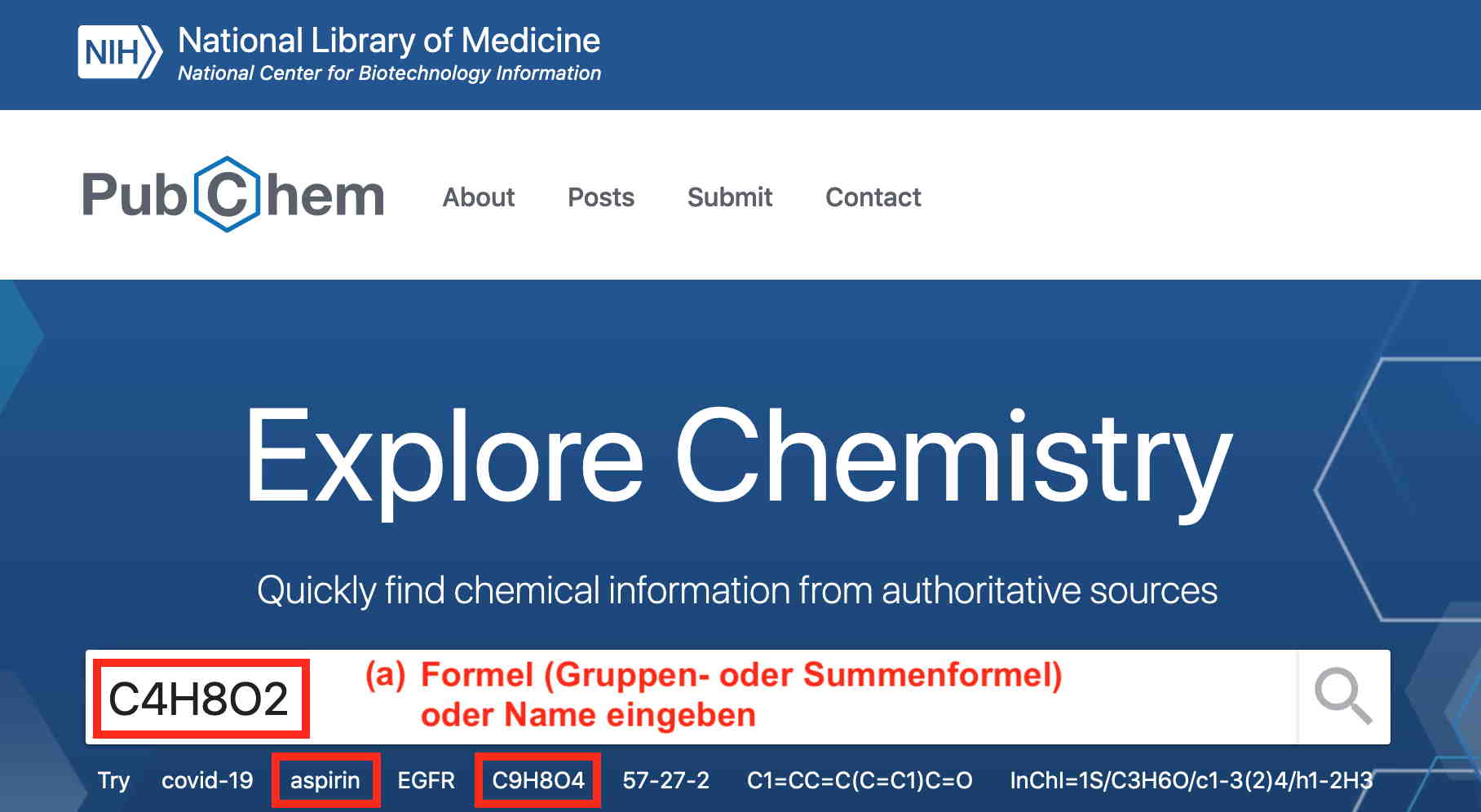 Benutzeroberfläche für die Suche nach Isomeren in der PubChem-Datenbank