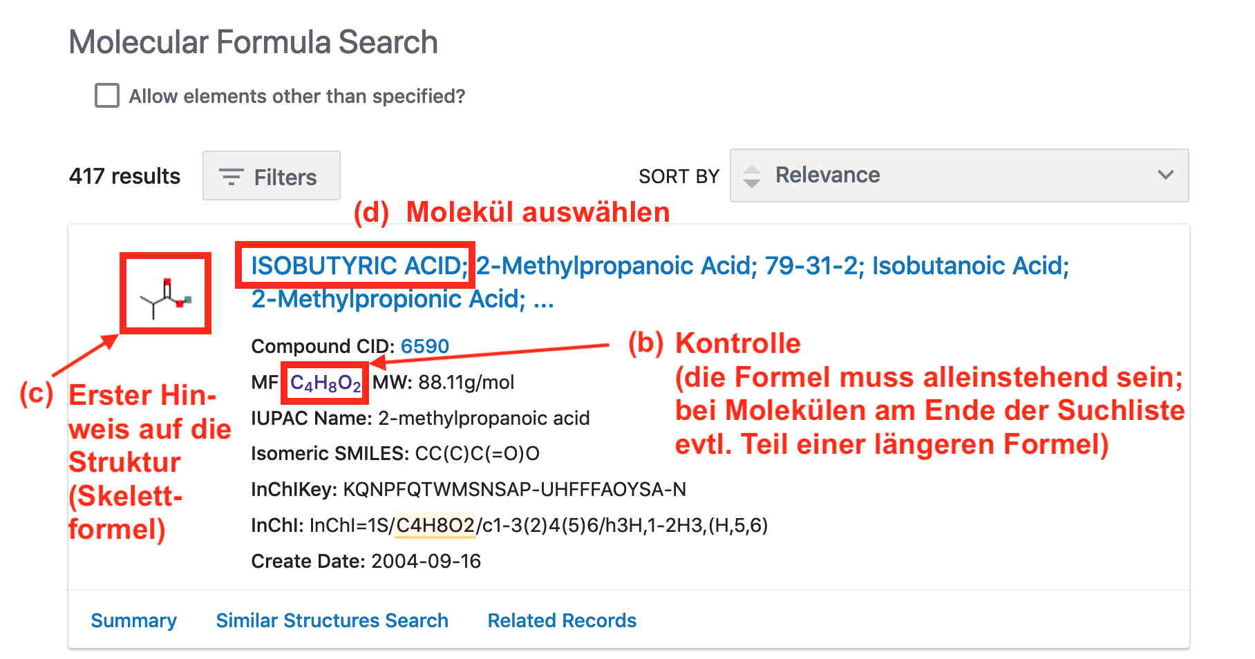 Benutzeroberfläche für die Auswahl von Isomeren in der PubChem-Datenbank