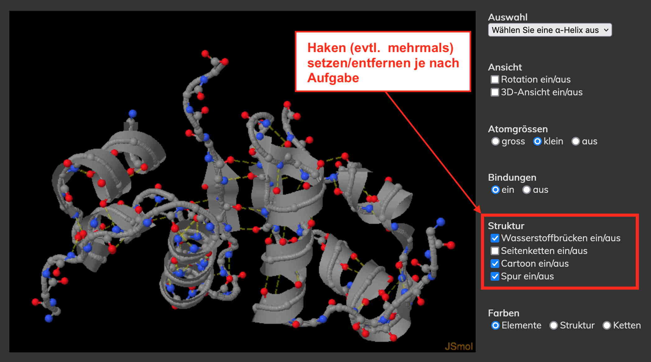 Benutzeroberfläche für die interaktive Animation zur Darstellung von α-Helices, H-Brücken und Disulfidbrücken in 3-D bei einer Untereinheit des Proteins Hämoglobin (OCTAN)