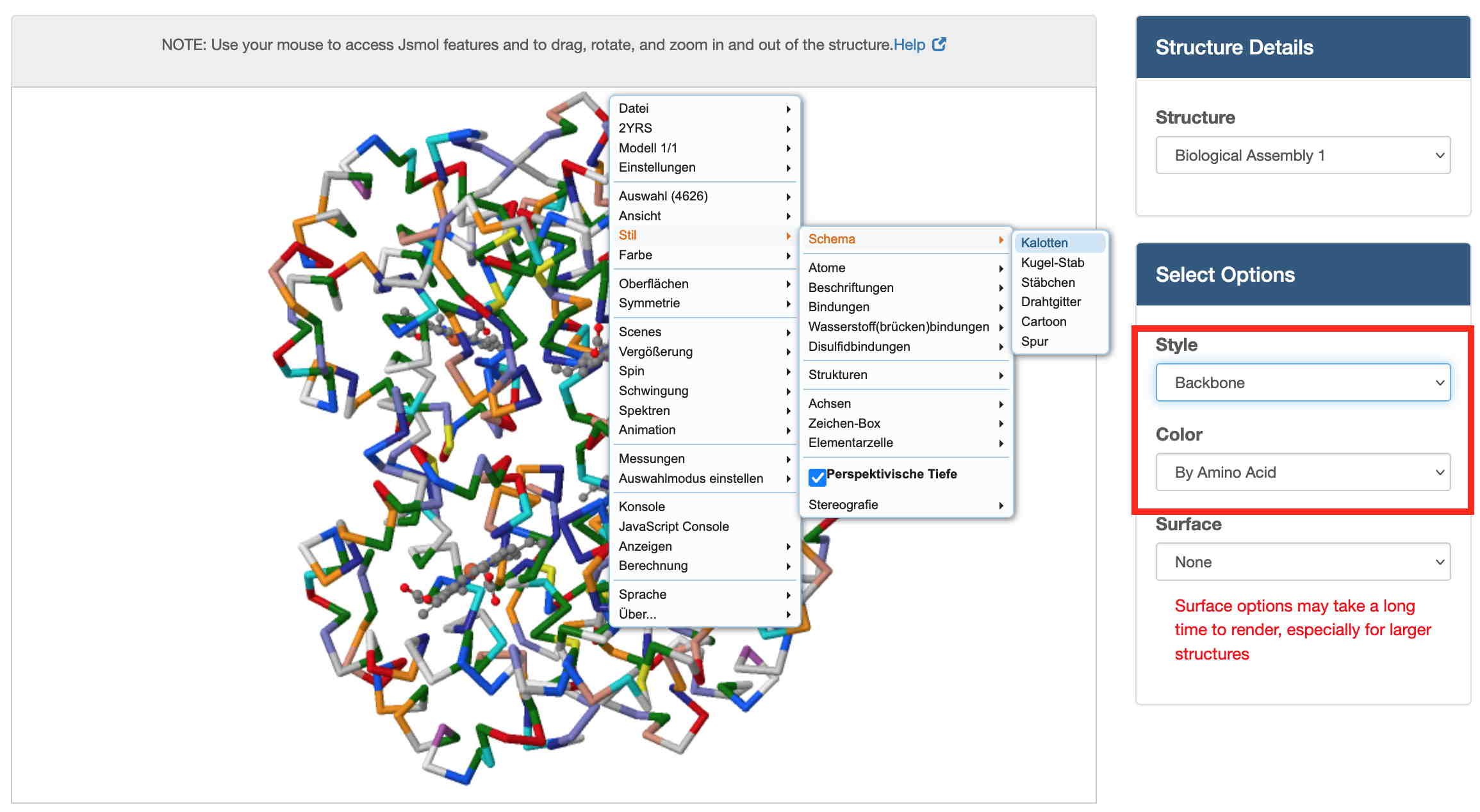 Benutzeroberfläche für die interaktive Animation zur Visualisierung des Proteins Hämoglobin in unterschiedlichen Darstellungsformen (rcsb).