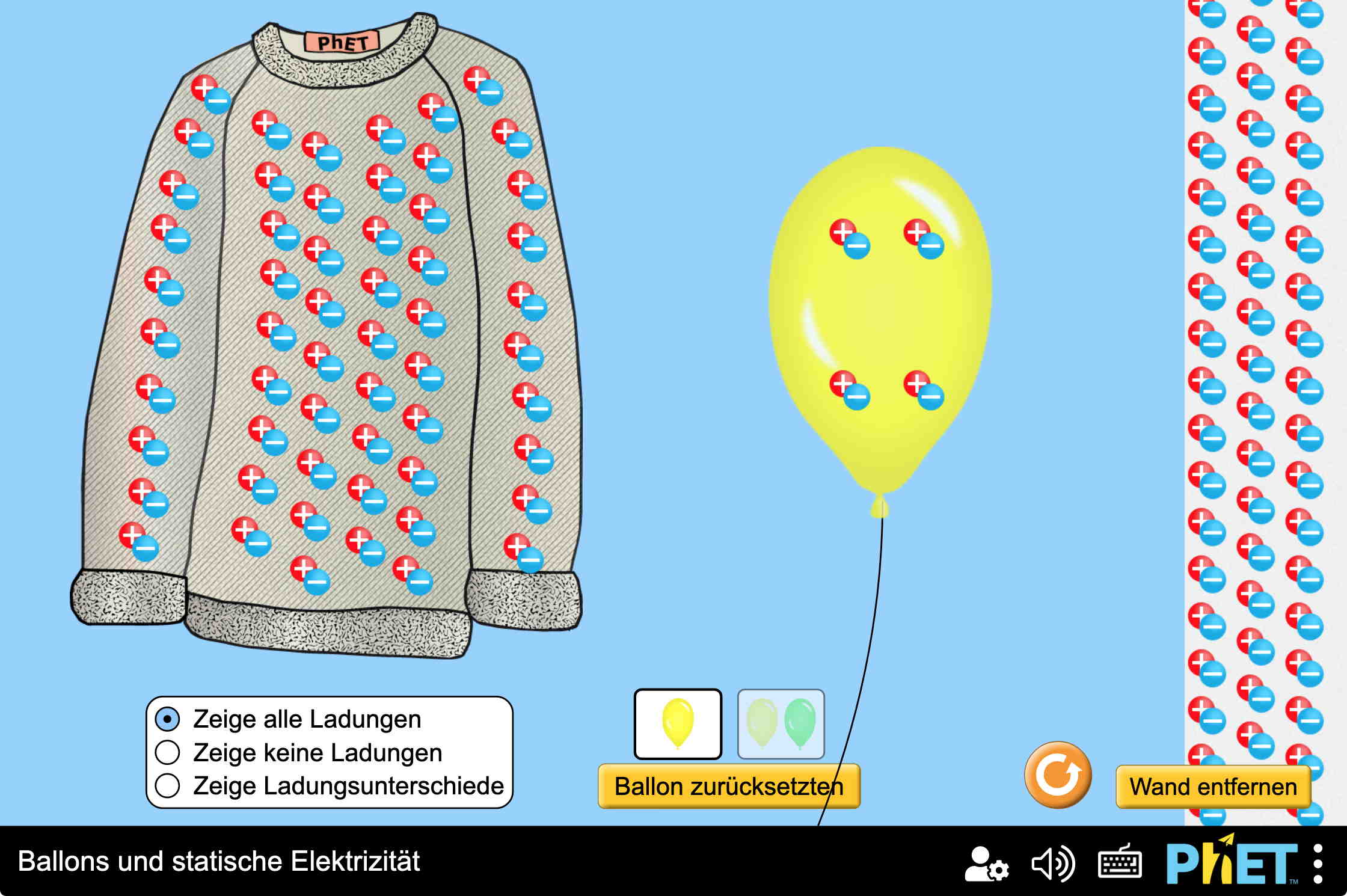 Benutzeroberfläche bei der Simulation "Ballons und statische Elektrizität" (PhET, University of Colorado, Boulder)