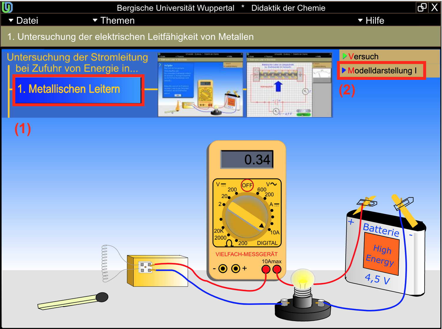 Benutzeroberfläche für die interaktive Animation zur elektrischen Leitfähigkeit von Metallen (CHEMIE-INTERAKTIV)