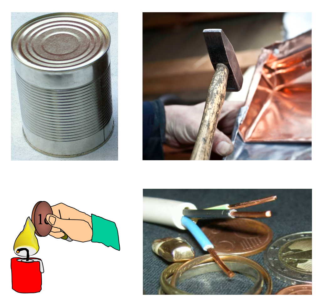 Eigenschaften von Metallen: Metallischer Glanz (Blechbüchse), Verformbarkeit (Kupferblech), hohe Wärmeleitfähigkeit (Münze über Flamme) und elektrische Leitfähigkeit (Elektrokabel aus Kupfer)
