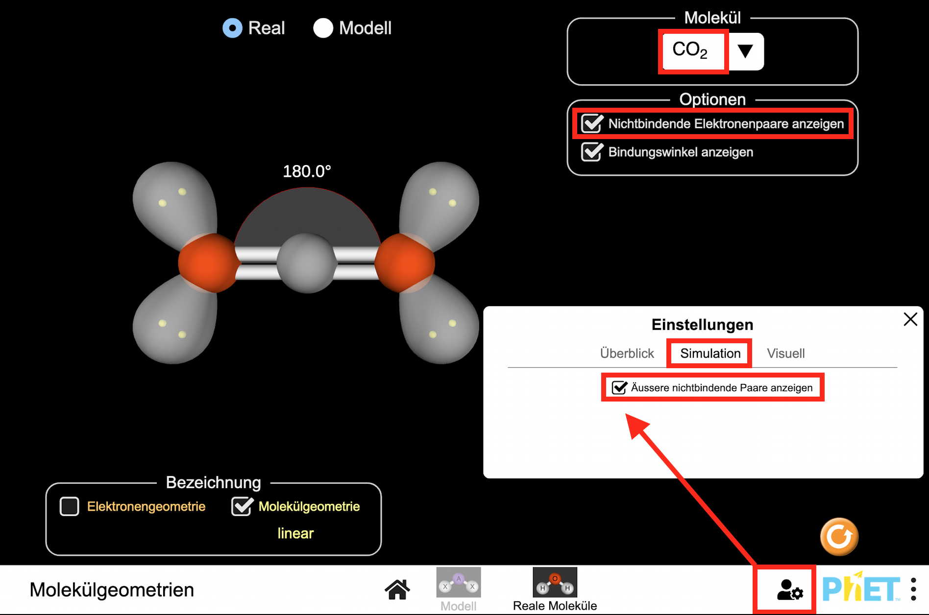 Benutzeroberfläche für die interaktive Animation zur Molekülgeometrie unter Darstellung der nichtbindenden Elektronenpaare (PhET, University of Colorado, Boulder)