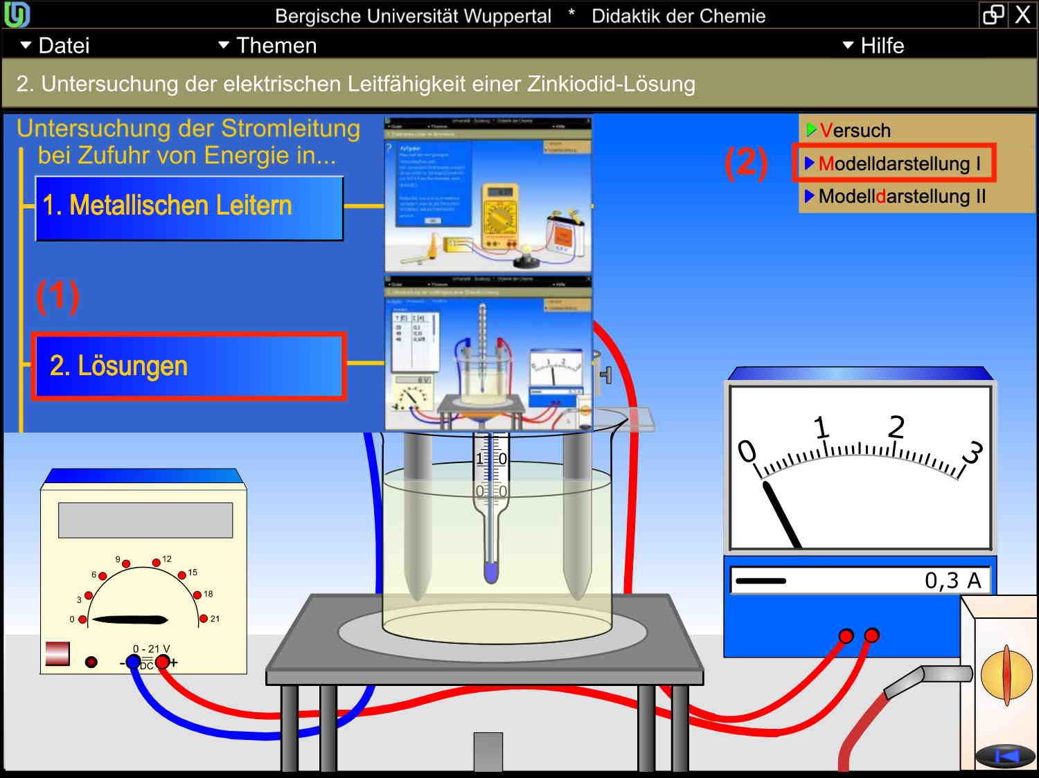 Benutzeroberfläche für die interaktive Animation zur Elektrolyse von Zinkiodid (CHEMIE-INTERAKTIV)